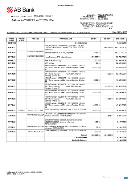 Download Bangladesh AB bank statement word